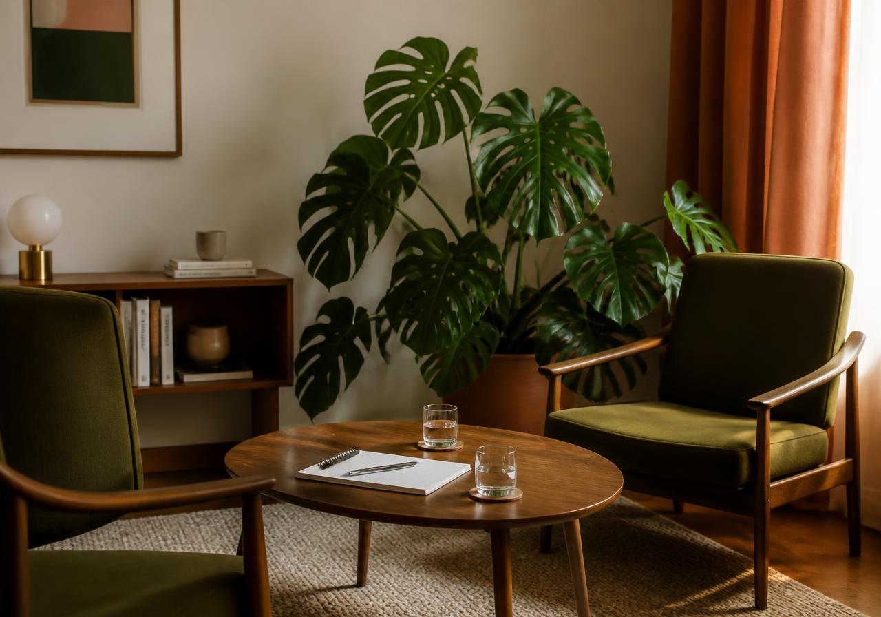 A quiet meeting corner with two chairs and a large monstera.