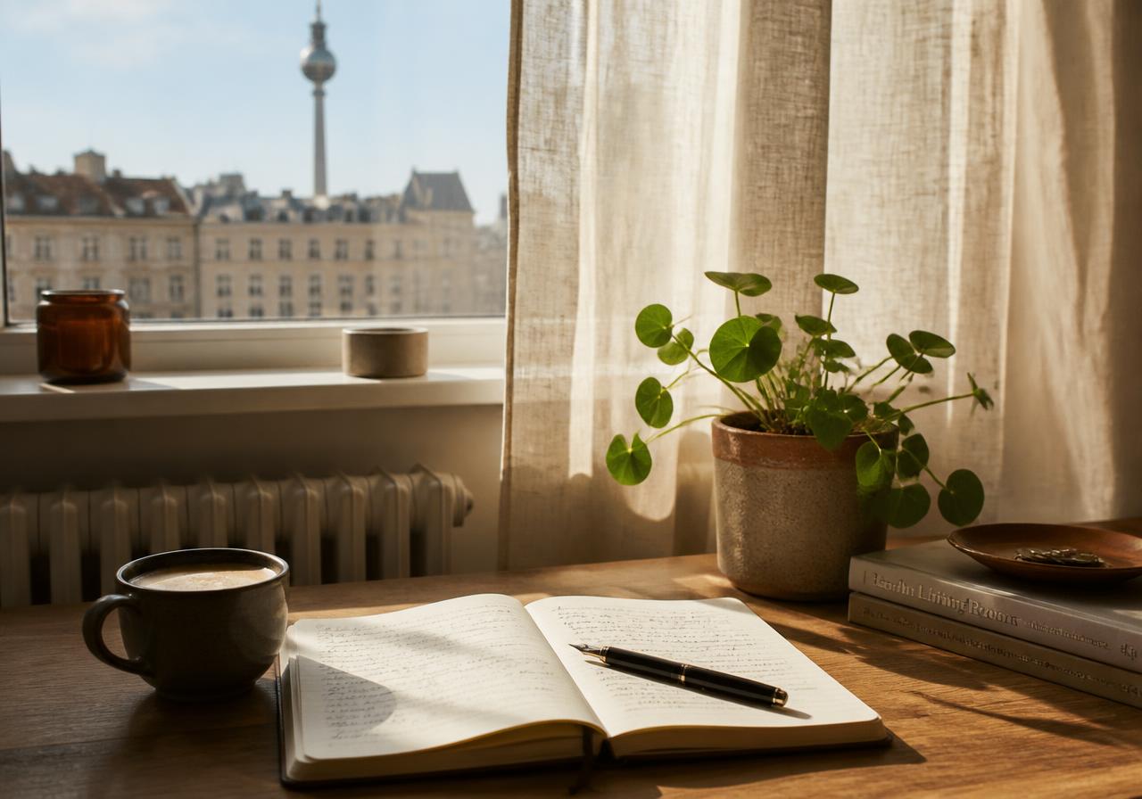 A Berlin desk with a notebook, coffee and a plant in morning light.