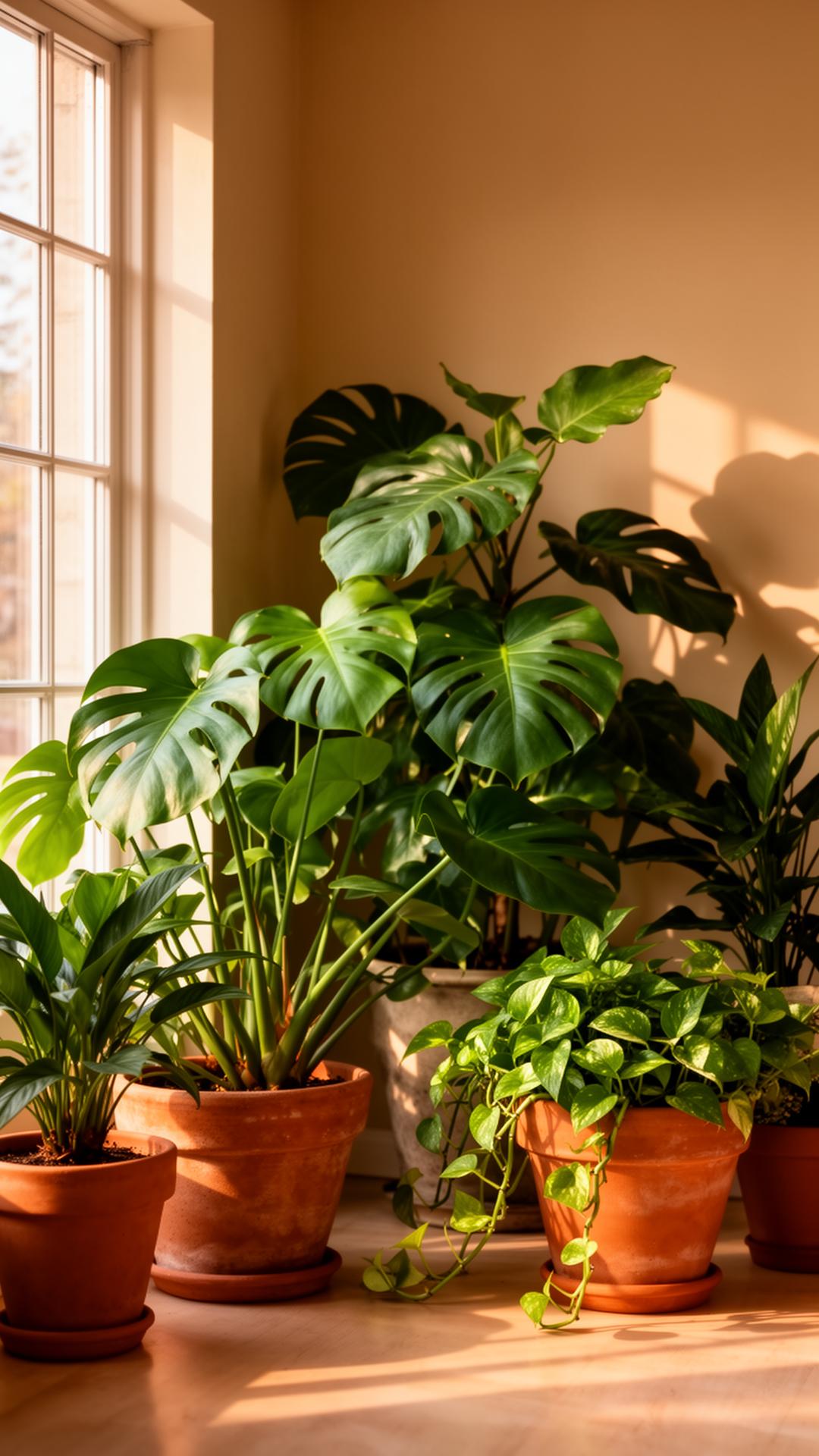Soft daylight filtering through houseplants by a window.